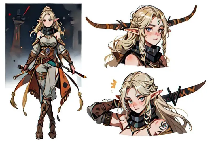 1woman, muscular female with elf ears, 8K, masterpiece, best_quality, ultra-detailed, medieval, extremely detailed eyes and face, metal armor, metal armor faulds, sexy upper chestplate, one metal greave, one metal pauldron, warpaint, black leather gorget with fur scarf, many blonde braids, huge boobs, wild bombshell hair, sexy eyes, wild smile, two-tone hair, one bare toned shoulder, intricate details, exposed abs, (inked-art), stripped sleeve, hazel eyes, one skin exposed arm, tribal tatoo, fur trimmed leather boots, puffy pants, stripped pants, barbarian_woman, sword next to waist, brown leather hip belt with brown pouches an tribal accessories, leather gloves, saturated brown tones, nordic,fantasy aesthetic,(flat saturated colors), fine details, intense, (sharp focus),(lineart:1.33), reference sheet, same character, white background