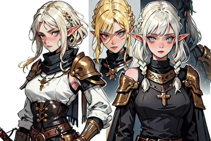 1woman, muscular female with elf ears, 8K, masterpiece, best_quality, ultra-detailed, medieval, extremely detailed eyes and face, metal armor, metal armor faulds, metal upper chestplate, one metal greave, one metal pauldron, warpaint, black leather gorget with fur scarf, many blonde braids, large boobs, wild bombshell hair, sexy eyes, wild smile, two-tone hair, one bare toned shoulder, intricate details, exposed abs, (inked-art), stripped sleeve, hazel eyes, one skin exposed arm, tribal tatoo, fur trimmed leather boots, puffy pants, stripped pants, barbarian_woman, sword next to waist, brown leather hip belt with brown pouches an tribal accessories, leather gloves, saturated brown tones, nordic,fantasy aesthetic,(flat saturated colors), fine details, intense, (sharp focus),(lineart:1.33), reference sheet, multiple views, white background
