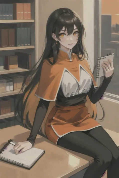 full body illustration of monerochan, 1girl, <lora:monerochan:0.6>, woman, (orange eyes:1.1), perfect face, beautiful face,
(professional), workplace, long hair, detailed pupils,
(black leggings, orange capelet, black sleeves, orange skirt,)
small breasts,
high waisted skirt, ((long skirt)), knee length skirt,
1girl, colored inner hair, light smile, long (orange hair:1), orange eyes, letter m, round stud earrings, floating hair, masterpiece, best quality
sitting on office chair, office, bookshelves, computer, (holding notebook:1.5), secretary,