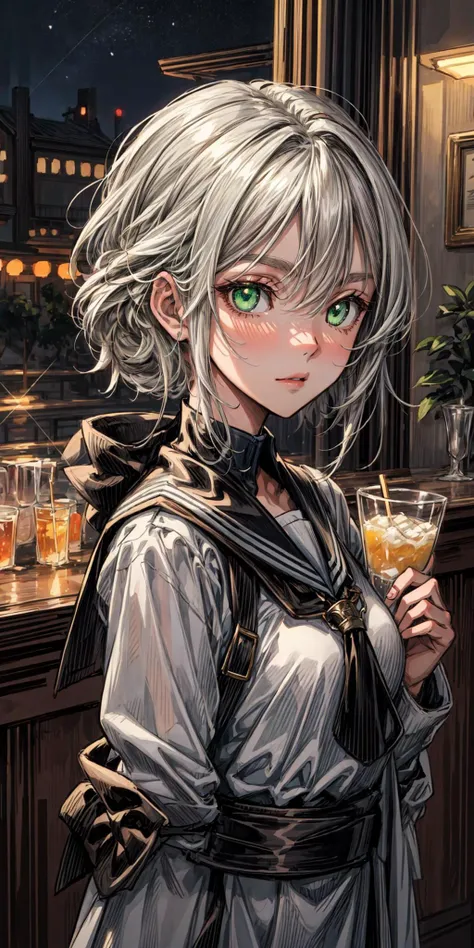 (best masterpiece quality), (best lighting), (best illustration), (pixv anime), best girl, detailed eyes, face, portrait format, intense green eyes, short white hair, backdrop of a bar at night <lora:add_detail:0.5> <lora:more_details:0.6> negative_hand-neg