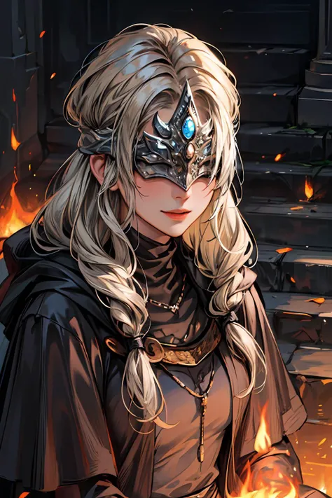masterpiece, best quality, ultra-detailed, illustration,
1girl,(firekeeper:1.1),(portrait:1.1),breasts,cape, cloak, jewelry, dress, capelet, bandaged_arm, very dark, dark night, <lora:granblueFantasyStyle_ver10:0.7>, <lora:firekeeperLoraFrom_fierkeeper16:1>