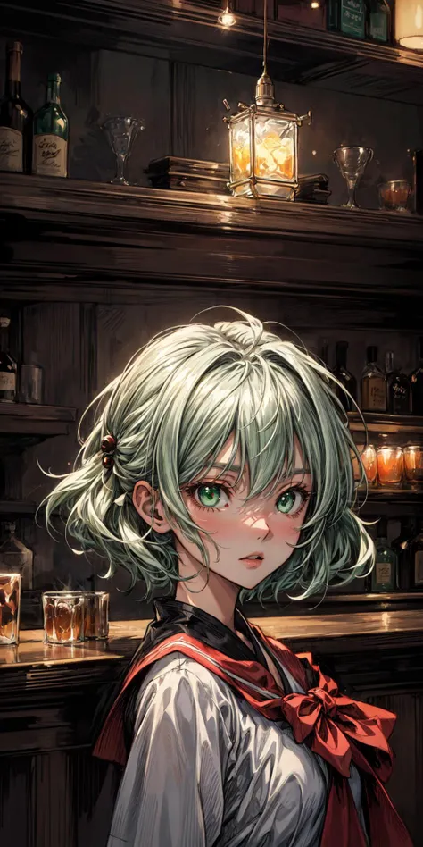 (best masterpiece quality), (best lighting), (best illustration), (pixv anime), best girl, detailed eyes, face, portrait format, intense green eyes, short white hair, backdrop of a bar at night <lora:add_detail:0.5> <lora:more_details:0.6> negative_hand-neg