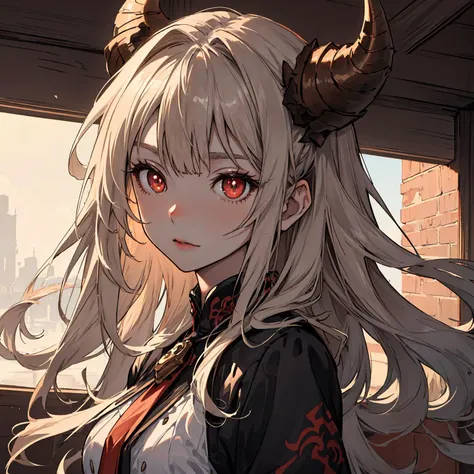 (Incredible top quality), (exquisitely detailed masterpiece), (precisely detailed 8k CG wallpaper), (visual novel), (Pixiv anime), a girl with horns on her head, short brown hair with bangs, intense red eyes with dilated pupils, pale white face, background scene of a haunted house., <lora:IcfgirlLora_v40:0.4>, <lora:add_detail:0.3>, <lora:more_details:0.5>, <lora:add_detail:0.7>, <lora:eyes_v1:0.6>, <lora:GodHands-beta2:0.8>, <lora:Lollycute:1.2>