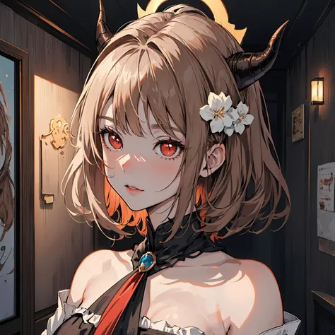 (Incredible top quality), (exquisitely detailed masterpiece), (precisely detailed 8k CG wallpaper), (visual novel), (Pixiv anime), a girl with horns on her head, short brown hair with bangs, intense red eyes with dilated pupils, pale white face, background scene of a haunted house., <lora:IcfgirlLora_v40:0.4>, <lora:add_detail:0.3>, <lora:more_details:0.5>, <lora:add_detail:0.7>, <lora:eyes_v1:0.6>