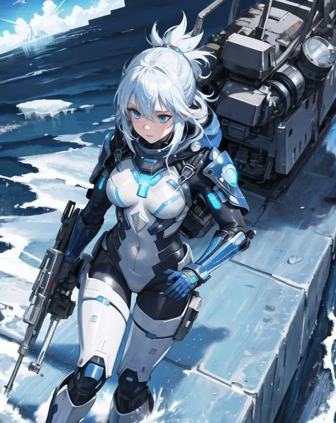 biopunk, 1girl, detailed background, blue eyes,cyberpunk, ocean planet, ice plain, iceberg, (ship:0.6), armored plugsuit
