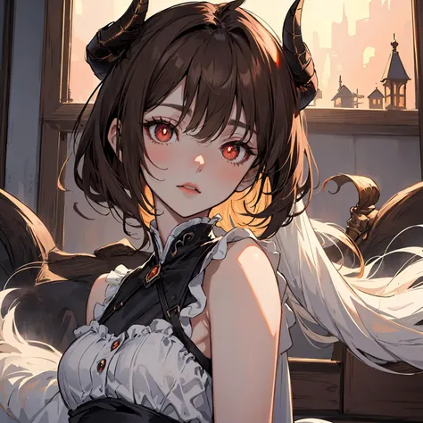 (Incredible top quality), (exquisitely detailed masterpiece), (precisely detailed 8k CG wallpaper), (visual novel), (Pixiv anime), a girl with horns on her head, short brown hair with bangs, intense red eyes with dilated pupils, pale white face, background scene of a haunted house., <lora:IcfgirlLora_v40:0.4>, <lora:add_detail:0.3>, <lora:more_details:0.5>, <lora:add_detail:0.7>, <lora:eyes_v1:0.6>