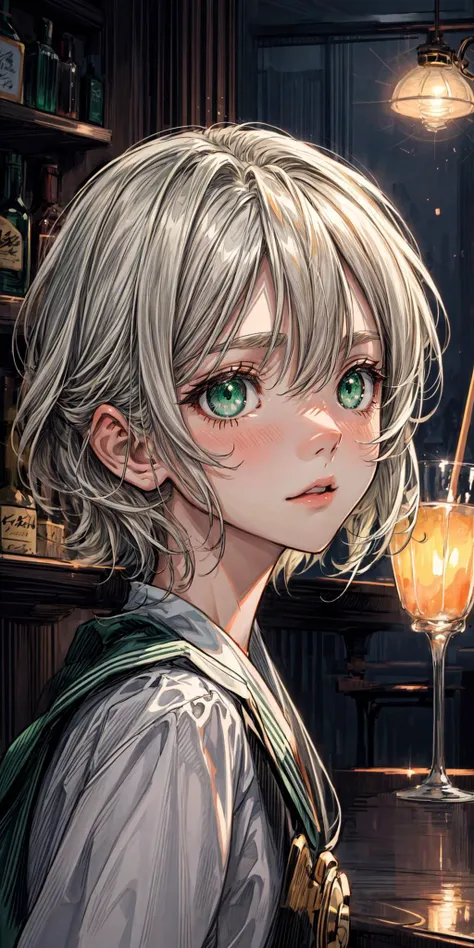 (best masterpiece quality), (best lighting), (best illustration), (pixv anime), best girl, detailed eyes, face, portrait format, intense green eyes, short white hair, backdrop of a bar at night <lora:add_detail:0.5> <lora:more_details:0.6> negative_hand-neg