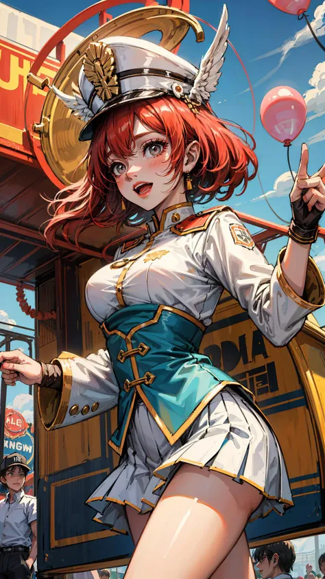 (best quality, masterpiece, intricate detail), marching scenery, (6+others:1.2),
dynamic angle, best photo pose,
(in amusement park), ride, Ferris wheel, marching band, wearing modern and colorful Marching Band Uniform, marching band cap, Lively, cheerful music, vibrant marching and performance, Balloon in sky,
<lora:add_detail:0.5>,