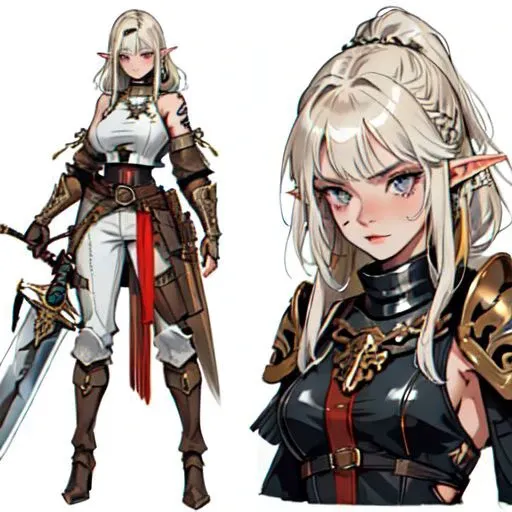 1woman, muscular female with elf ears, 8K, masterpiece, best_quality, ultra-detailed, medieval, extremely detailed eyes and face, metal armor, metal armor faulds, metal upper chestplate, one metal greave, one metal pauldron, warpaint, black leather gorget with fur scarf, many blonde braids, large boobs, wild bombshell hair, sexy eyes, wild smile, two-tone hair, one bare toned shoulder, intricate details, exposed abs, (inked-art), stripped sleeve, hazel eyes, one skin exposed arm, tribal tatoo, fur trimmed leather boots, puffy pants, stripped pants, barbarian_woman, sword next to waist, brown leather hip belt with brown pouches an tribal accessories, leather gloves, saturated brown tones, nordic,fantasy aesthetic,(flat saturated colors), fine details, intense, (sharp focus),(lineart:1.33), reference sheet, multiple views, white background