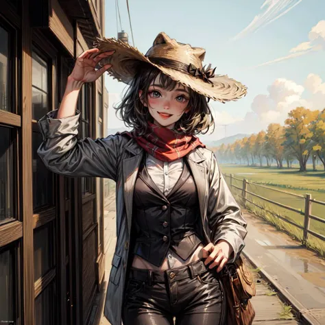 (masterpiece:1.3),(best quality:1.3),(best quality:1.3),(ultra-detailed:1.3),(perfect face:1.3), (perfect fingers:1.05), (perfect anatomy:1.5), 8k , portrait of beautiful women in muddy farm:1.2 , cowboy hat, ((solo)), fringed waistcoat , trousers, scarf , confidence, smiling, (standing straight:1.1), <lora:more_details:1>