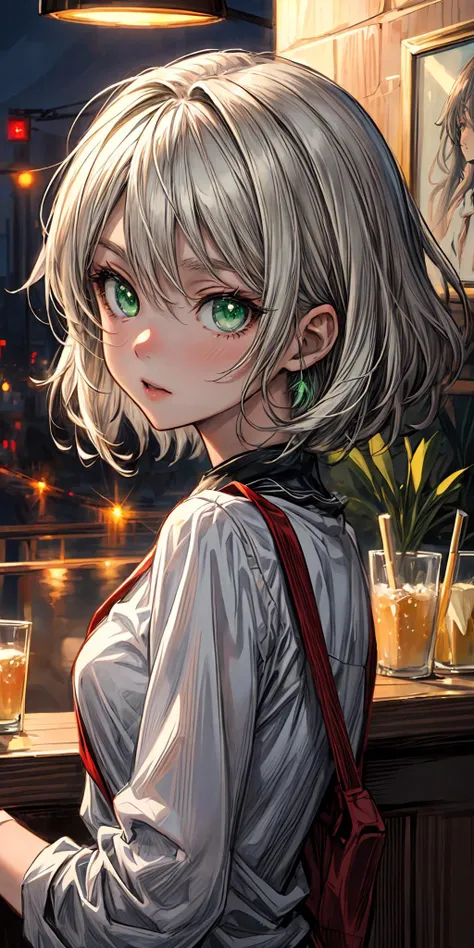 (best masterpiece quality), (best lighting), (best illustration), (pixv anime), best girl, detailed eyes, face, portrait format, intense green eyes, short white hair, backdrop of a bar at night <lora:add_detail:0.5> <lora:more_details:0.6> negative_hand-neg
