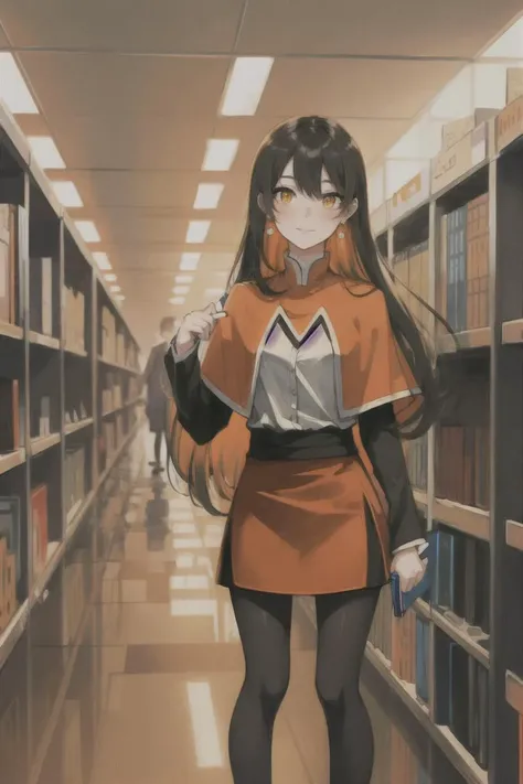 full body illustration of monerochan, 1girl, <lora:monerochan:0.7>, woman, (orange eyes:1.1), perfect face, beautiful face,
(professional), workplace, long hair, detailed pupils,
(black leggings, orange capelet, black sleeves, orange skirt,)
small breasts,
high waisted skirt, (long skirt:1.5), knee length skirt,
1girl, colored inner hair, light smile, long (orange hair:1), orange eyes, letter m, round stud earrings, floating hair, masterpiece, best quality
standing in office, office, bookshelves, (writing in notebook:1.2), left hand holding notebook, one notebook, secretary, right hand writing with pen, writing,