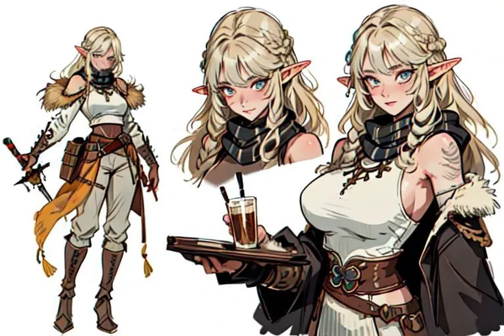 1woman, muscular female with elf ears, 8K, masterpiece, best_quality, ultra-detailed, medieval, extremely detailed eyes and face, metal armor, metal armor faulds, sexy upper chestplate, one metal greave, one metal pauldron, warpaint, black leather gorget with fur scarf, many blonde braids, huge boobs, wild bombshell hair, sexy eyes, wild smile, two-tone hair, one bare toned shoulder, intricate details, exposed abs, (inked-art), stripped sleeve, hazel eyes, one skin exposed arm, tribal tatoo, fur trimmed leather boots, puffy pants, stripped pants, barbarian_woman, sword next to waist, brown leather hip belt with brown pouches an tribal accessories, leather gloves, saturated brown tones, nordic,fantasy aesthetic,(flat saturated colors), fine details, intense, (sharp focus),(lineart:1.33), reference sheet, same character, white background