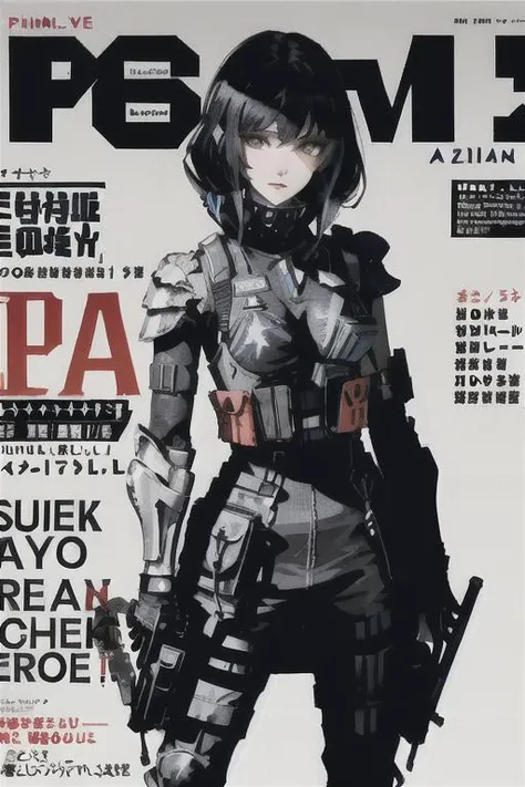 masterpiece, best quality, 1lady(primary color:1.2), magazine cover, magazine cover background, magazine cover style art, magazine cover layout, medium breast, cyberpunk armour, tactical vest, sharp focus, looking at camera, <lora:urbansamurai_v0.3:0.8>