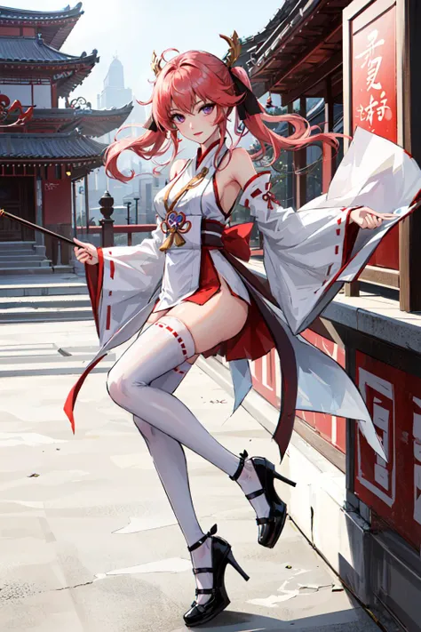 masterpiece, best quality, 1girl, solo, miko, nontraditional miko, full body, arms at side, purple eyes, white thighhighs, strappy heels, middle breasts, looking at viewer, ribbon, hair ribbon, wide sleeves, east asian architecture