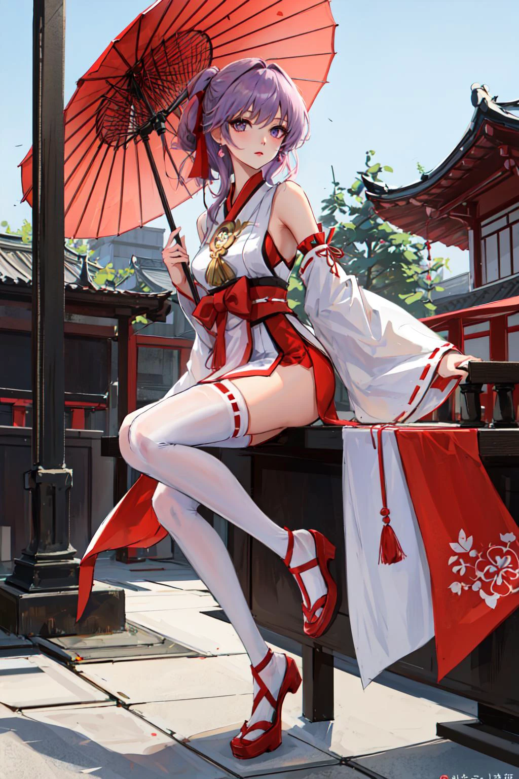 masterpiece, best quality, 1girl, solo, miko, nontraditional miko, full body, arms at side, purple eyes, white thighhighs, strappy heels, middle breasts, looking at viewer, ribbon, hair ribbon, wide sleeves, east asian architecture