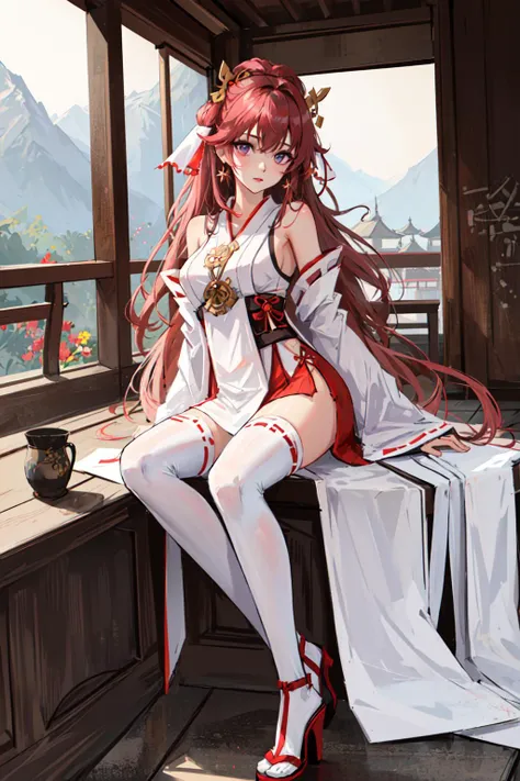 masterpiece, best quality, 1girl, solo, miko, nontraditional miko, full body, arms at side, purple eyes, white thighhighs, strappy heels, middle breasts, looking at viewer, ribbon, hair ribbon, wide sleeves, east asian architecture