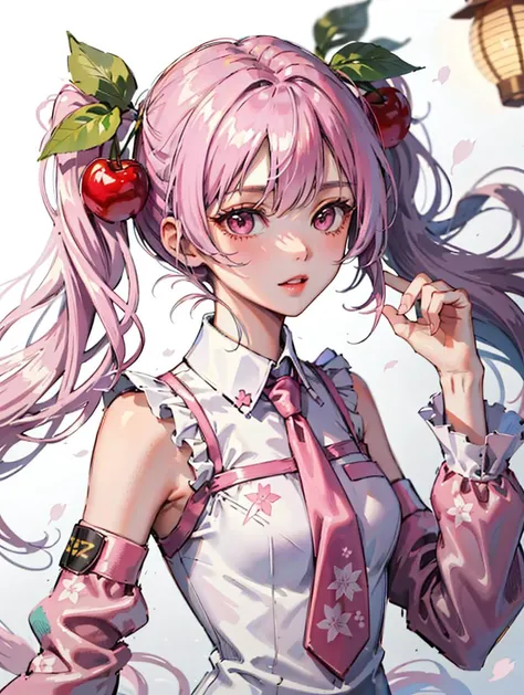 (masterpiece, best quality:1.25), 1girl, solo, <lora:Sakura_Miku-10:1>, pink hair, pink eyes, twintails, food-themed ornament, cherry_ornament, ((cherry_blossom print)), sleeveless, sleeveless shirt, detached sleeves, long sleeves, frilled white shirt, pink necktie, petals, pink skirt, <lora:epiNoiseoffset_v2:1.25>, rim light, (white_pantyhose), tattoo, bare_shoulders, pink theme, upper body, close-up, cowboy shot, idolmaster shiny colors, hair, tie clip, frilled shirt collar, paper lantern,