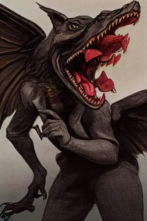 traditional_media,sharp_teeth,weapon,teeth,open_mouth,holding,realistic,sword,signature,no_humans,tongue,solo,photo_\(medium\),artist_name,wings,bottle,