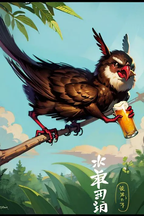 hdoom,masterpiece,Stand on a branch,bird_d,dinosaur_hood,Holding a beer bottle,gaping_mouth,Bite the cap,Oil painting style,Da vinci,