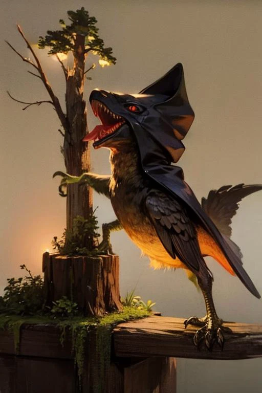 hdoom,masterpiece,Fantasy style,3d,Artistic light and shadow,Stand on a branch,bird_d,dinosaur_hood,Holding a beer bottle,bite,