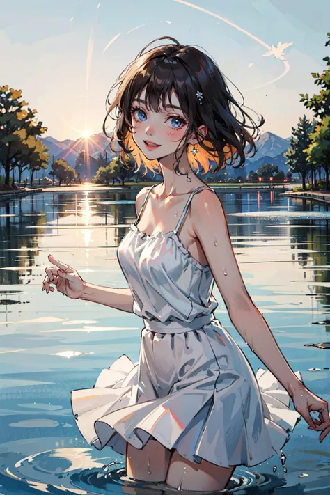 ((best quality, masterpiece, absurbres, super-resolution)) detailed beautiful face and eyes, subsurface scattering, watercolor, 1girl, solo, slender, camisole, white skirt,
summer day, condensation trail, sunlight, lens flare, glowing,
A fountain is shooting water forcefully into the air, creating a swirling mist of splashes around it.,
A young woman is frolicking by the fountain, and she is getting wet from the splashes, wet, wading, cheerful, happy, looking at viewer