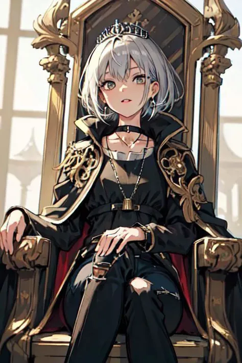 (best quality, masterpiece:1.3), 1girl, upper body, Hair: buzz cut, Clothing: oversized, distressed jacket with patches and pins, paired with black skinny pants and combat boots, Accessories: silver hoop earrings and a black choker necklace,, royal, tiara, royal crest, cape, parted lips, film grain, blurry foreground, throne, ornate clothes, ornate ring, ornate, hand on own chin, sitting, (pov, from below),