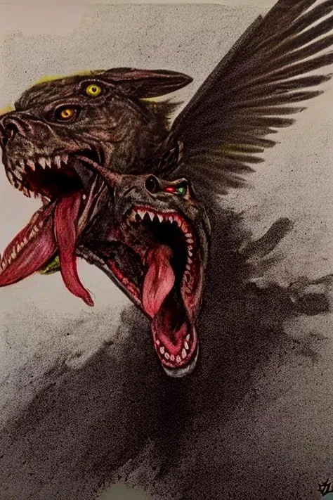 traditional_media,sharp_teeth,weapon,teeth,open_mouth,holding,realistic,sword,signature,no_humans,tongue,solo,photo_\(medium\),artist_name,wings,bottle,