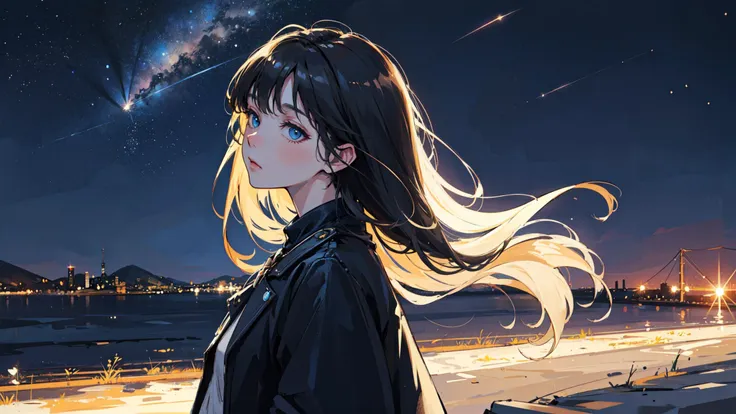 ((best quality, masterpiece, absurbres)), amazing landscape, detailed scenery, aesthetic background, starry sky, shooting stars, big moon, night sky, colorful lighting, cinematic lighting, neon light glowing, depth of field