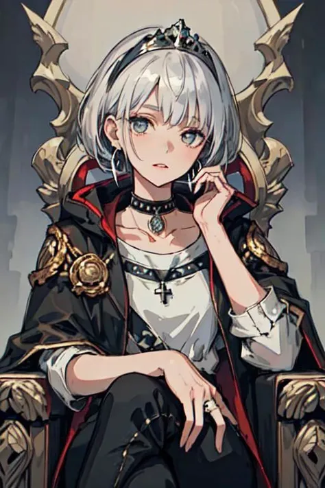 (best quality, masterpiece:1.3), 1girl, upper body, buzz cut, oversized, distressed jacket with patches and pins, paired with black skinny pants and combat boots, silver hoop earrings and a black choker necklace,, royal, tiara, royal crest, cape, parted lips, film grain, blurry foreground, throne, ornate clothes, ornate ring, ornate, hand on own chin, dignified, sitting, pov, from below,