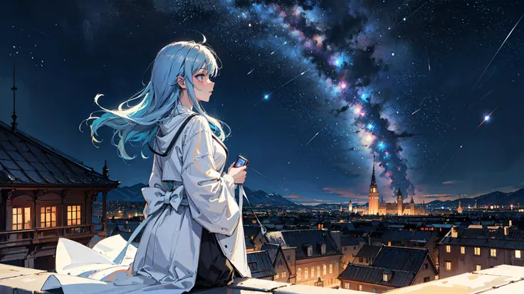 ((best quality, masterpiece, absurbres)), amazing landscape, detailed scenery, aesthetic background, starry sky, shooting stars, big moon, night sky, colorful lighting, cinematic lighting, neon light glowing, depth of field