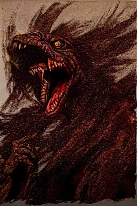 traditional_media,sharp_teeth,weapon,teeth,open_mouth,holding,realistic,sword,signature,no_humans,tongue,solo,photo_\(medium\),artist_name,wings,bottle,