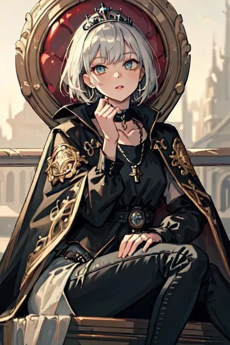 (best quality, masterpiece:1.3), 1girl, upper body, buzz cut, oversized, distressed jacket with patches and pins, paired with black skinny pants and combat boots, silver hoop earrings and a black choker necklace,, royal, tiara, royal crest, cape, parted lips, film grain, blurry foreground, throne, ornate clothes, ornate ring, ornate, hand on own chin, sitting, pov, (from below),
