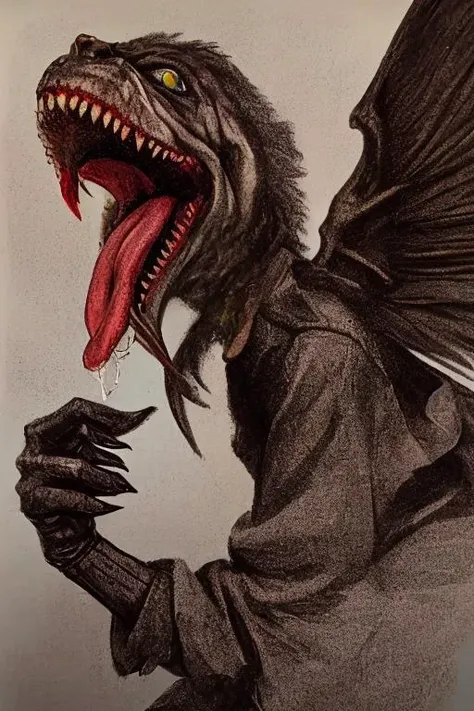 traditional_media,sharp_teeth,weapon,teeth,open_mouth,holding,realistic,sword,signature,no_humans,tongue,solo,photo_\(medium\),artist_name,wings,bottle,