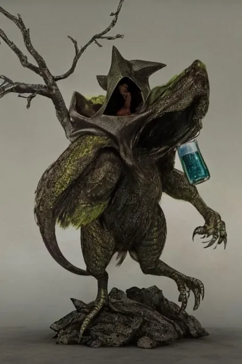hdoom,masterpiece,Fantasy style,3d,Artistic light and shadow,Stand on a branch,bird_d,dinosaur_hood,Holding a beer bottle,bite,