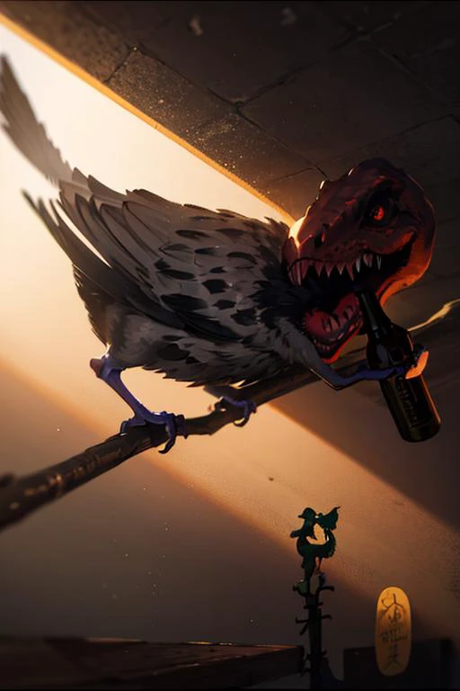 hdoom,masterpiece,Fantasy style,3d,Artistic light and shadow,Stand on a branch,bird_d,dinosaur_hood,Holding a beer bottle,bite,