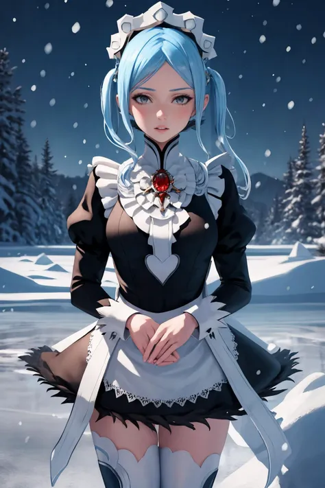 masterpiece, best quality, 1girl, solo, <lora:flora-fe-richy-v1:1> floradef, maid, maid headdress, black thighhighs, parted lips, looking at viewer, cowboy shot, <lora:unfz3n:1> unfz3n, night, dark, darkness, snow, ice, cold