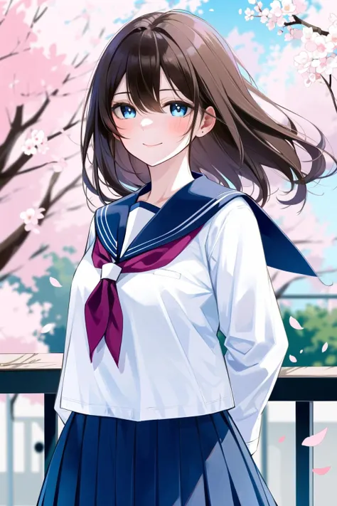 (upper_body:1.5), close-up, cherry_blossoms, outdoors, day, spring_\(season\), 1girl, smile, solo, bangs, blue_eyes, blush, closed_mouth, looking_at_viewer, long_hair, brown_hair, branch, eyebrows_visible_through_hair, floating_hair,hair_between_eyes, blue_sailor_collar, serafuku, long_sleeves, neckerchief, pleated skirt, pink_flower, petals, tree, white_shirt, wind, railing, sky
