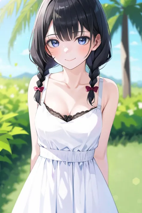 blurry, blurry_background, blurry_foreground, braid, depth_of_field, 1girl, twin_braids, solo, breasts, grass, outdoors, palm_tree, tree, looking_at_viewer, plant, white_dress, white_bra, collarbone, bare_shoulders, bangs, bush, palm_leaf, bow, dress, closed_mouth, medium_breasts, bra, day, long_hair, blush, hair_bow, sleeveless, black_hair, sleeveless_dress, smile, eyebrows_visible_through_hair <lora:style_FEDT22:1>
