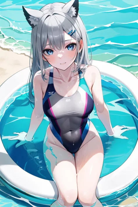 swimsuit, water, 1girl, beach, caustics, one-piece_swimsuit, soaking_feet, partially_submerged, competition_swimsuit, solo, ocean, looking_at_viewer, breasts, shallow_water, animal_ears, sitting, long_hair, wading, sand, highleg_swimsuit, wet, bare_shoulders, blue_eyes, silver_hair, poolside, in_water, collarbone, eyebrows_visible_through_hair, outdoors, medium_breasts, grey_hair, groin, thighs, fisheye, waves, blush, hair_ornament, hairclip, highleg <lora:style_FEDT22:0.8>