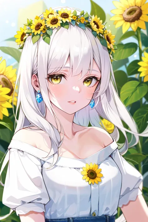 1girl, floating_hair, long_hair, white hair, flower, orange_flower, yellow_flower, solo, head_wreath, yellow_rose, rose, off_shoulder, hair_flower, flower_wreath, upper_body, collarbone, sunflower, red_flower, pink_flower, parted_lips, white_flower, short_sleeves, shirt, bangs, blue_flower, jewelry, earrings, eyebrows_visible_through_hair <lora:style_FEDT22:1>