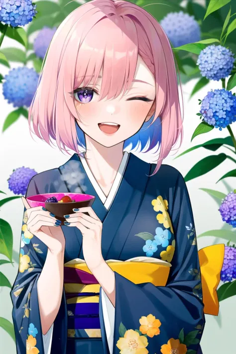 multicolored, mash_kyrielight, japanese_clothes, kimono, 1girl, flower, hair_ornament, open_mouth, floral_print, smile, solo, morning_glory, short_hair, yellow_kimono, hair_flower, nail_polish, hydrangea, bamboo, print_kimono, purple_eyes, sash, looking_at_viewer, purple_flower, orange_kimono, obi, one_eye_closed, eyebrows_visible_through_hair, upper_body, blush, wide_sleeves, fruit, eggplant, holding, bangs, pink_hair, eyes_visible_through_hair, long_sleeves, hair_over_one_eye, multicolored_kimono, hair_between_eyes, breasts, food, blue_flower <lora:style_FEDT22:1>