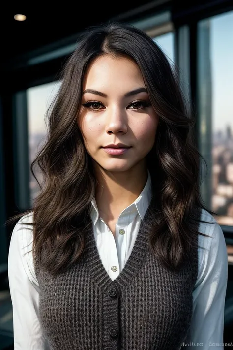 beautiful woman (F1v3lSt3w4rt:.99), beautiful hair , ((portrait)), (closeup:1.2), ((from the waist up)), (((  A sleek, contemporary penthouse suite, boasting panoramic views of the city skyline :1.2 ))), natural skin texture, ((dark black eyeliner:1.2)),  ((  Sweater vest and mom jeans :1.2)), 24mm, 4k textures, soft cinematic light, adobe lightroom, photolab, hdr, intricate, elegant, highly detailed, sharp focus, ((((cinematic look)))), soothing tones, insane details, intricate details, hyperdetailed, low contrast, soft cinematic light, exposure blend, hdr, faded, now, ("I've got a bad feeling about this.":1.1)