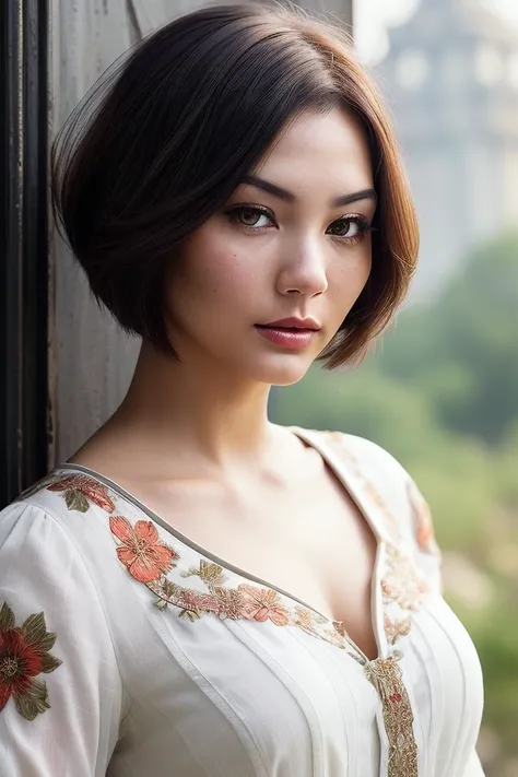 beautiful woman (F1v3lSt3w4rt:.99), beautiful hair (( Sleek auburn inverted bob hairstyle)) , ((portrait)), (closeup:1.2), ((from the waist up)), ((( The Tower of Oblivion: A stronghold where forgotten secrets and dark magic are hidden :1.2 ))), natural skin texture, ((red lips)), (( Floral print blouse and white jeans :1.2)), 24mm, 4k textures, soft cinematic light, adobe lightroom, photolab, hdr, intricate, elegant, highly detailed, sharp focus, ((((cinematic look)))), soothing tones, insane details, intricate details, hyperdetailed, low contrast, soft cinematic light, exposure blend, hdr, faded, now, ("I've got a bad feeling about this.":1.1)