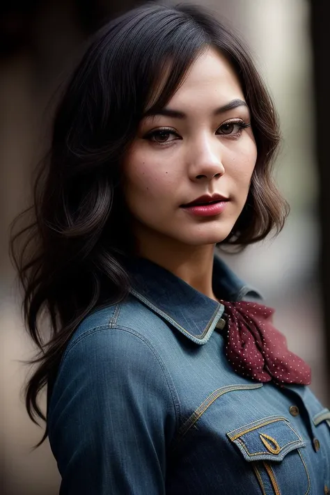 beautiful woman (F1v3lSt3w4rt:.99), beautiful hair  (( Medium length black blunt cut hairstyle)) , ((portrait)), (closeup:1.2), ((from the waist up)), (((  The Valley of the Damned :1.2 ))), natural skin texture, ((red lips)), ((  Polka dot blouse and jeans :1.2)), 24mm, 4k textures, soft cinematic light, adobe lightroom, photolab, hdr, intricate, elegant, highly detailed, sharp focus, ((((cinematic look)))), soothing tones, insane details, intricate details, hyperdetailed, low contrast, soft cinematic light, exposure blend, hdr, faded, now, ("I've got a bad feeling about this.":1.1)