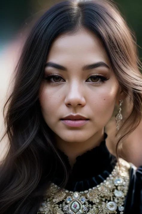 beautiful woman (F1v3lSt3w4rt:.99), beautiful hair , ((portrait)), (closeup:1.2), ((from the waist up)), (((  A vibrant music and arts festival, showcasing a diverse range of contemporary performances and installations :1.2 ))), natural skin texture, ((dark black eyeliner:1.2)),  ((  Velvet shorts and a blouse :1.2)), 24mm, 4k textures, soft cinematic light, adobe lightroom, photolab, hdr, intricate, elegant, highly detailed, sharp focus, ((((cinematic look)))), soothing tones, insane details, intricate details, hyperdetailed, low contrast, soft cinematic light, exposure blend, hdr, faded, now, ("I've got a bad feeling about this.":1.1)