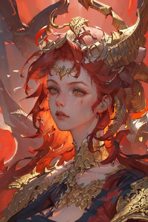 (realistic, portrait:1.3), intricate details, painting, (detailed female armor:1.3), (ornate gold armor:1.2), 1girl, solo, long hair, wind,gorgeous face, best quality, masterpiece, max detail, diffused lighting, (red hair:1.3),valhalla valkyries, mechanical arms, <lora:lilithLora_v10:0.8>