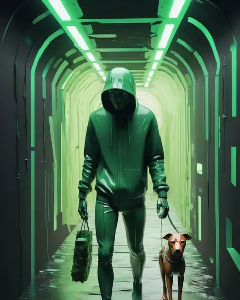 a olivine digital human made of Adhesives inspired by 3d art,  Beeple, cinema 4 d, cyberpunk art, net art , in a man walking through a dark tunnel with a dog<lora:digital_human:1.0>