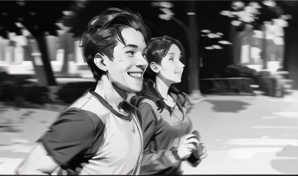 storyboard art,(black and white:1.2),front view,(1boy,1girl),jogging in park with lush greenery,tree blurry background,depth of field,smile,(short sleeves), girl with ponytail,
<lora:dan_milligan:0.6>,