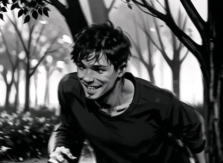 storyboard art,(black and white:1.2),front view,(1boy,1girl),jogging in park with lush greenery,tree blurry background,depth of field,smile,
<lora:dan_milligan:0.6>,
